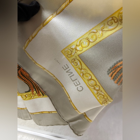 CELINE Gold & White with Gray Edge 100% Silk Scarf - Picture 5 of 7